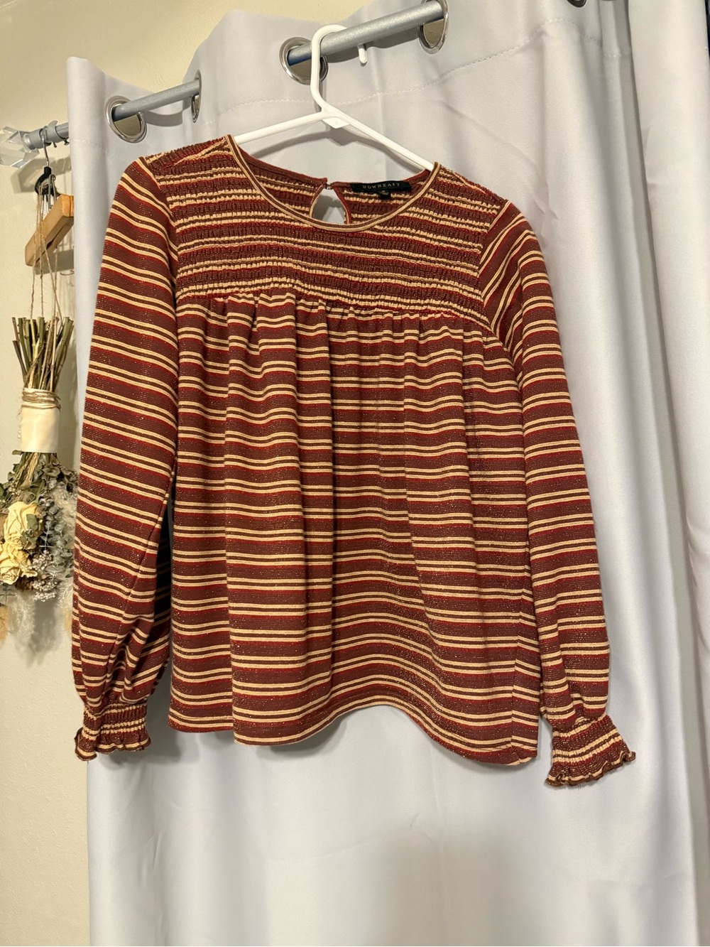 DownEast Striped Smocked Yoke Long-Sleeve Top - Rust & Mustard